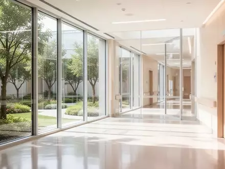 Ein heller, moderner Klinikflur mit Blick in einen begrünten Innenhof und warmem Tageslicht. - Foto: über boerse-global.de