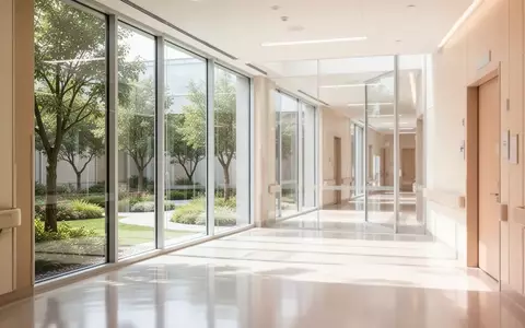 Ein heller, moderner Klinikflur mit Blick in einen begrünten Innenhof und warmem Tageslicht. - Foto: über boerse-global.de