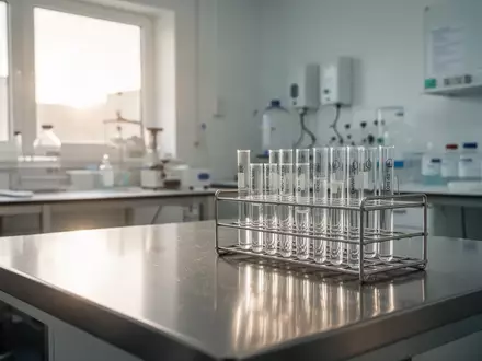 Ein steriles, minimalistisches Medizinisches Labor mit glänzenden Oberflächen und Glasgefäßen in natürlichem Licht. - Foto: über boerse-global.de