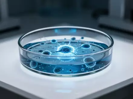 Ein beleuchtetes Laborgefäß mit biologischen Proben, das durch blaues Licht in einer sterilen Laborumgebung hervorgehoben wird. - Foto: über boerse-global.de