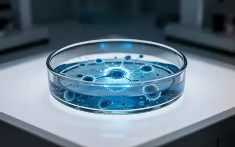 Ein beleuchtetes Laborgefäß mit biologischen Proben, das durch blaues Licht in einer sterilen Laborumgebung hervorgehoben wird. - Foto: über boerse-global.de