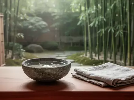 Eine ruhige, minimalistische Szene mit einer Holzoberfläche, einer Steinschale mit Wasser und einem Leinentuch vor einem Garten. - Foto: über boerse-global.de