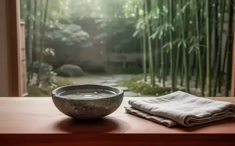 Eine ruhige, minimalistische Szene mit einer Holzoberfläche, einer Steinschale mit Wasser und einem Leinentuch vor einem Garten. - Foto: über boerse-global.de