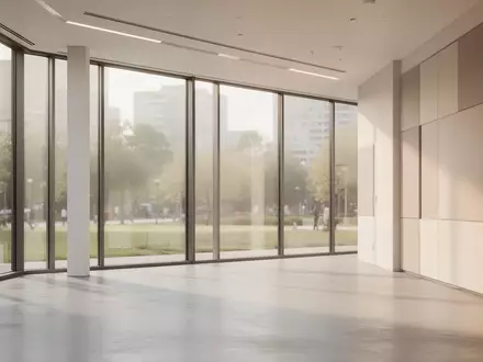 Ein lichtdurchfluteter, leerer moderner Büroraum mit großen Fenstern und akustischen Wandelementen in einer minimalistischen Architektur. - Foto: über boerse-global.de
