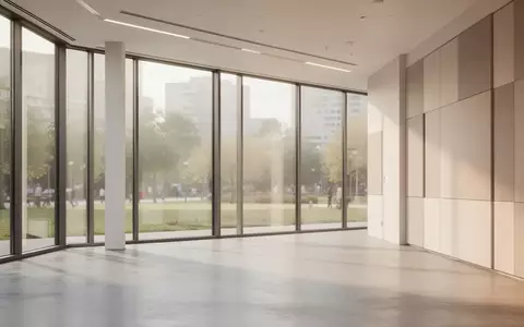 Ein lichtdurchfluteter, leerer moderner Büroraum mit großen Fenstern und akustischen Wandelementen in einer minimalistischen Architektur. - Foto: über boerse-global.de