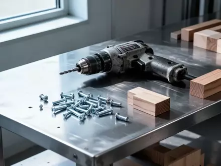 Eine saubere industrielle Werkbank aus Metall mit einem Bohrer und verschiedenen Werkstücken in einer hellen Werkstatt. - Foto: über boerse-global.de