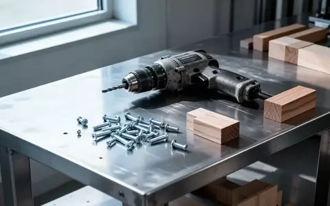 Eine saubere industrielle Werkbank aus Metall mit einem Bohrer und verschiedenen Werkstücken in einer hellen Werkstatt. - Foto: über boerse-global.de