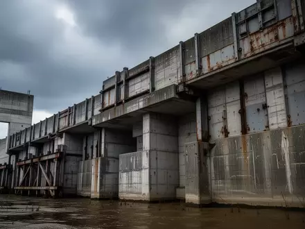 Massive, verstärkte Betonmauer einer kritischen Infrastruktur unter einem bewölkten Himmel. - Foto: über boerse-global.de