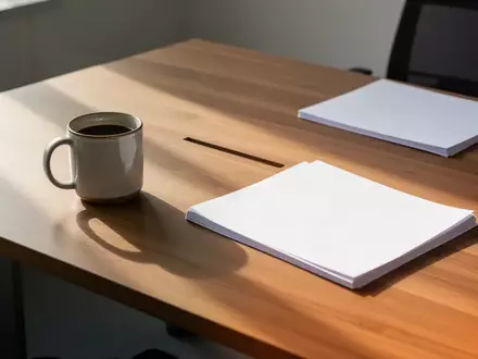 Ein leerer, aufgeräumter Schreibtisch in einem modernen Büro mit einer Kaffeetasse und einem Stapel Papier. - Foto: über boerse-global.de