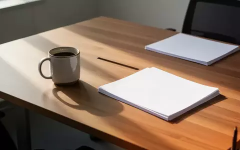Ein leerer, aufgeräumter Schreibtisch in einem modernen Büro mit einer Kaffeetasse und einem Stapel Papier. - Foto: über boerse-global.de