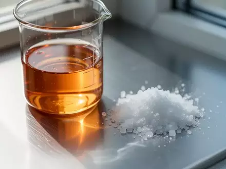 Ein Glasbecher mit einer bernsteinfarbenen Flüssigkeit und eine kleine Menge weißes Pulver auf einem metallischen Labortisch. - Foto: über boerse-global.de
