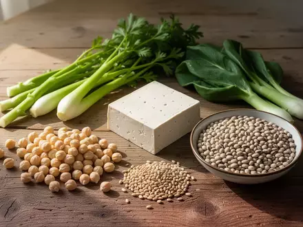 Eine Auswahl frischer, unverarbeiteter Lebensmittel wie Hülsenfrüchte, Tofu und Gemüse auf einem rustikalen Holztisch. - Foto: über boerse-global.de