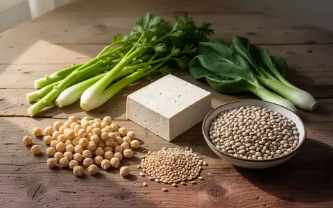 Eine Auswahl frischer, unverarbeiteter Lebensmittel wie Hülsenfrüchte, Tofu und Gemüse auf einem rustikalen Holztisch. - Foto: über boerse-global.de