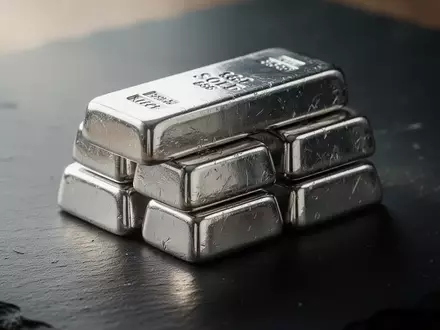 Ein Stapel glänzender Silberbarren auf einer dunklen, reflektierenden Oberfläche. - Foto: über boerse-global.de