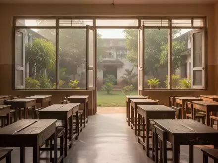Ein heller, leerer Klassenraum in einer indischen Schule mit Blick in einen begrünten Innenhof. - Foto: über boerse-global.de