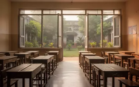 Ein heller, leerer Klassenraum in einer indischen Schule mit Blick in einen begrünten Innenhof. - Foto: über boerse-global.de