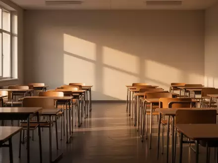 Ein leerer, sonnendurchfluteter Klassenraum mit leeren Schulbänken und Stühlen in einer ruhigen, minimalistischen Umgebung. - Foto: über boerse-global.de