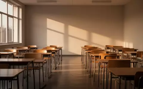 Ein leerer, sonnendurchfluteter Klassenraum mit leeren Schulbänken und Stühlen in einer ruhigen, minimalistischen Umgebung. - Foto: über boerse-global.de