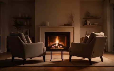 Zwei gemütliche Sessel vor einem Kamin in einem ruhig beleuchteten Wohnzimmer. - Foto: über boerse-global.de