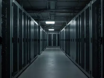 Ein dunkler, industrieller Serverraum mit langen Reihen von Metallschränken in einer professionellen IT-Infrastruktur. - Foto: über boerse-global.de