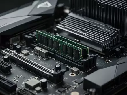 Detailaufnahme einer modernen Computer-Hauptplatine mit Fokus auf den Arbeitsspeicher-Steckplätzen und Kühlkörpern. - Foto: über boerse-global.de