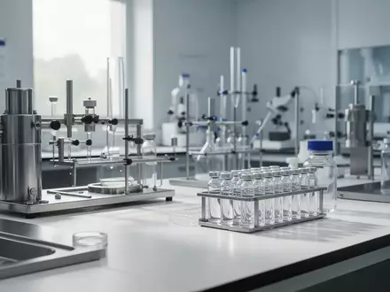 Ein steriles, hochmodernes pharmazeutisches Labor mit Edelstahlgeräten und Glasfläschchen auf einer weißen Oberfläche. - Foto: über boerse-global.de