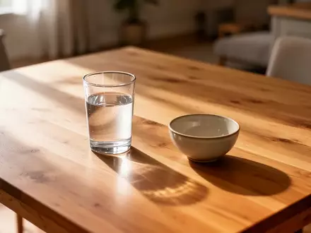 Ein leerer Holztisch in einem sonnendurchfluteten Wohnraum mit einem einzelnen Wasserglas und einer Keramikschale. - Foto: über boerse-global.de