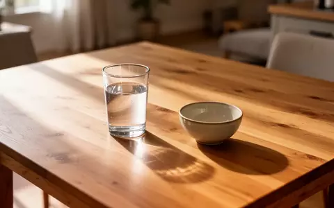 Ein leerer Holztisch in einem sonnendurchfluteten Wohnraum mit einem einzelnen Wasserglas und einer Keramikschale. - Foto: über boerse-global.de