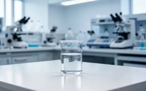Ein minimalistisches, helles Labor mit einem einzelnen Glasgefäß auf einer weißen Oberfläche vor verschwommenen Analysegeräten. - Foto: über boerse-global.de