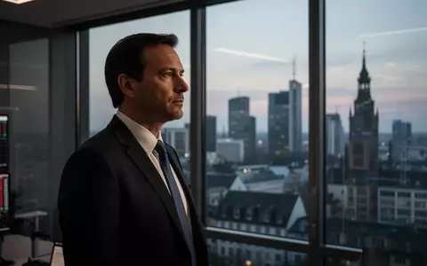 Ein Börsenhändler blickt nachdenklich aus einem Bürofenster auf die Frankfurter Skyline bei Dämmerung. - Foto: über boerse-global.de