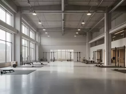 Ein weitläufiger, modern gestalteter Fitnessbereich in einer umgenutzten Gewerbehalle mit minimalistischer Ausstattung. - Foto: über boerse-global.de