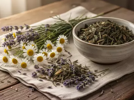 Trockene Kräuter und Blüten auf einem Holztisch zur Zubereitung von natürlichem Kräutertee - Foto: über boerse-global.de