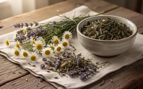 Trockene Kräuter und Blüten auf einem Holztisch zur Zubereitung von natürlichem Kräutertee - Foto: über boerse-global.de