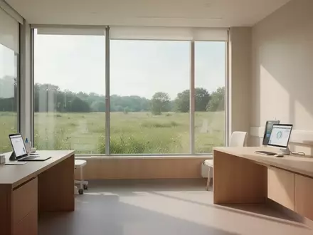 Ein heller, minimalistisch gestalteter Therapieraum mit großen Fenstern und Blick ins Grüne. - Foto: über boerse-global.de