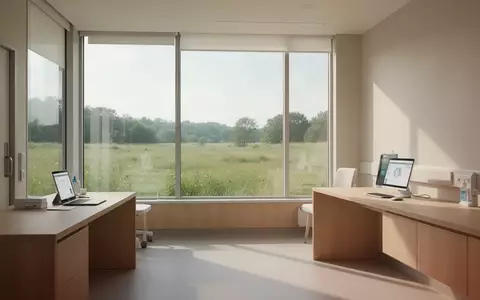 Ein heller, minimalistisch gestalteter Therapieraum mit großen Fenstern und Blick ins Grüne. - Foto: über boerse-global.de
