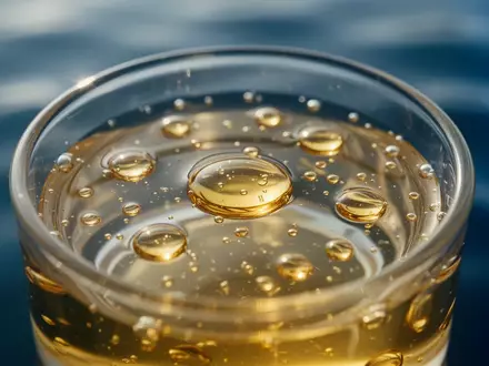 Goldene Öltröpfchen in einem Glasgefäß vor einem unscharfen, tiefblauen Hintergrund. - Foto: über boerse-global.de