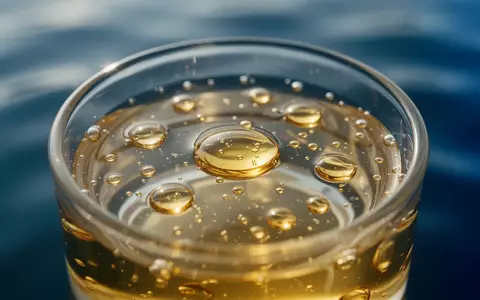 Goldene Öltröpfchen in einem Glasgefäß vor einem unscharfen, tiefblauen Hintergrund. - Foto: über boerse-global.de