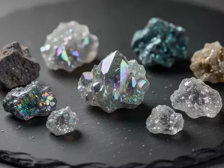 Nahaufnahme von rauen, schimmernden Seltenerdmineralien auf einer dunklen Schieferplatte. - Foto: über boerse-global.de