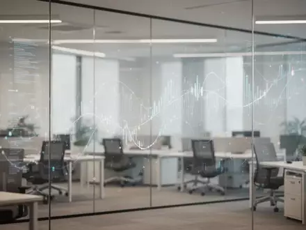 Moderne Büroarchitektur mit abstrakten Lichtspiegelungen an einer Glaswand zur Visualisierung von Datenströmen. - Foto: über boerse-global.de