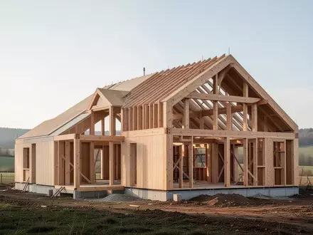 Ein moderner Holzbau im Bauzustand in einer ländlichen Umgebung bei Tageslicht. - Foto: über boerse-global.de