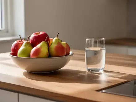 Eine Schale mit frischem Obst und ein Glas Wasser auf einer hölzernen Küchenoberfläche in natürlichem Licht. - Foto: über boerse-global.de