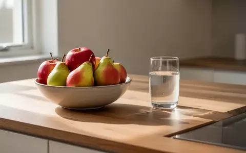 Eine Schale mit frischem Obst und ein Glas Wasser auf einer hölzernen Küchenoberfläche in natürlichem Licht. - Foto: über boerse-global.de