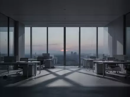 Ein leerer, modern gestalteter Büroraum in der Abenddämmerung mit langen Schatten und kühlem, natürlichem Licht. - Foto: über boerse-global.de