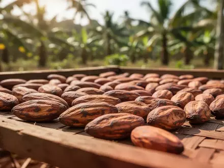 Getrocknete Kakaobohnen auf einer hölzernen Unterlage in einer sonnigen Plantage. - Foto: über boerse-global.de