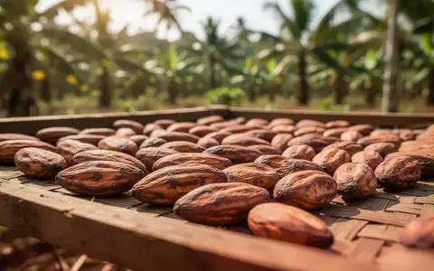 Getrocknete Kakaobohnen auf einer hölzernen Unterlage in einer sonnigen Plantage. - Foto: ĂŒber boerse-global.de