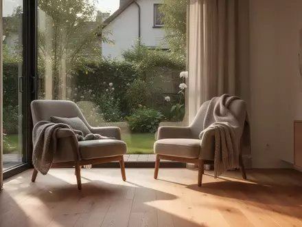 Ein sonnendurchfluteter, ruhiger Wohnraum mit einem bequemen Sessel vor einem Fenster mit Blick in einen Garten. - Foto: über boerse-global.de