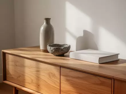 Ein minimalistisches Sideboard mit einem Arrangement aus drei dekorativen Objekten unterschiedlicher Höhe und Form. - Foto: über boerse-global.de