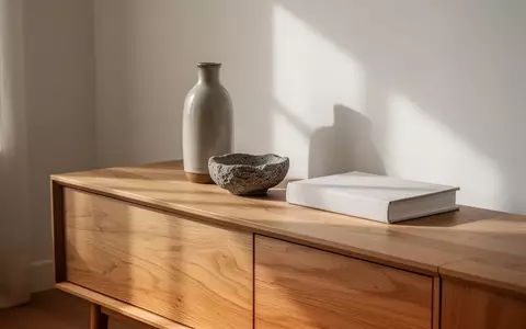 Ein minimalistisches Sideboard mit einem Arrangement aus drei dekorativen Objekten unterschiedlicher Höhe und Form. - Foto: über boerse-global.de