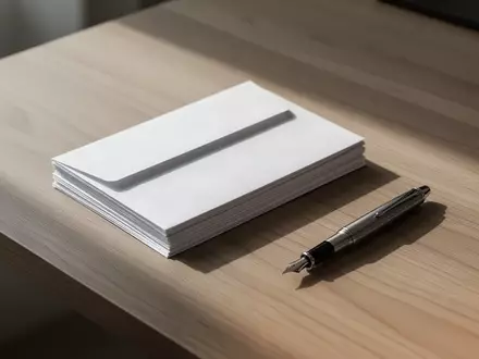 Ein minimalistischer Arbeitsplatz mit leeren Briefumschlägen und einem Füllfederhalter auf einem Holztisch. - Foto: über boerse-global.de