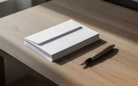 Ein minimalistischer Arbeitsplatz mit leeren Briefumschlägen und einem Füllfederhalter auf einem Holztisch. - Foto: über boerse-global.de